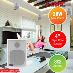 5 Core 4 Inch Outdoor Indoor Speaker 2 Way Pair 20W 8Ω High Performance Powerful Bass with Effortless Wall Mounting Swivel, All Weather Resistance, Stereo Sound for Garage Home White 13T WHT 2PCS