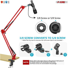 5 Core 30 Inch Scissors Arm Adjustable Microphone Desk Stand with Boom Suspension Tabletop Includes Mic Clip for Broadcasting Voice-Over YouTube Gaming MS ARM Red