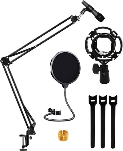 5 Core Microphone Arm Stand, Upgraded Adjustable Suspension Boom Scissor Arm Mic Stand 42 inch with Pop Filter, 3/8