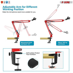 5 Core 30 Inch Scissors Arm Adjustable Microphone Desk Stand with Boom Suspension Tabletop Includes Mic Clip for Broadcasting Voice-Over YouTube Gaming MS ARM Red