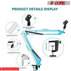 5 Core 30 Inch Scissors Arm Adjustable Microphone Desk Stand with Boom Suspension Tabletop Includes Mic Clip for Broadcasting Voice-Over YouTube Gaming MS ARM Blue