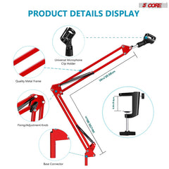 5 Core 30 Inch Scissors Arm Adjustable Microphone Desk Stand with Boom Suspension Tabletop Includes Mic Clip for Broadcasting Voice-Over YouTube Gaming MS ARM Red